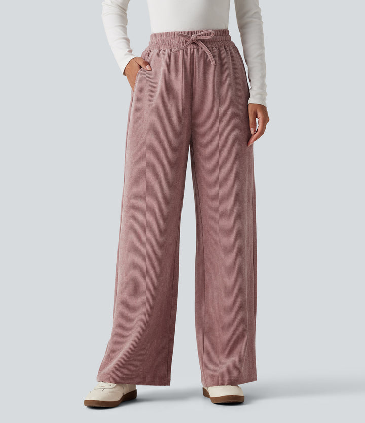 High Waisted Drawstring Wide Leg Corduroy Casual Trousers with Pockets — Woodrose — view 1