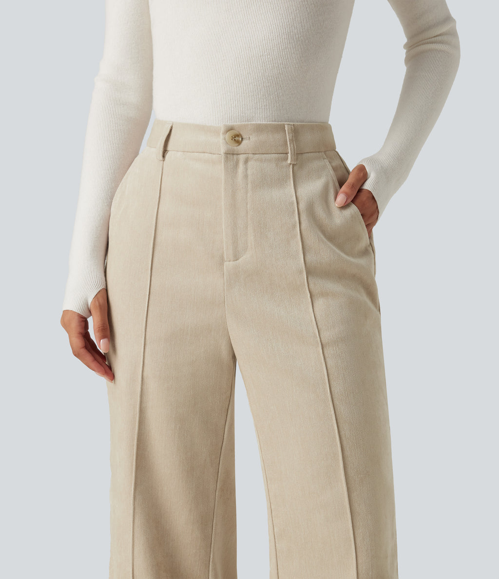 High Waisted Flare Casual Trousers with Pockets — Almond Milk — view 4