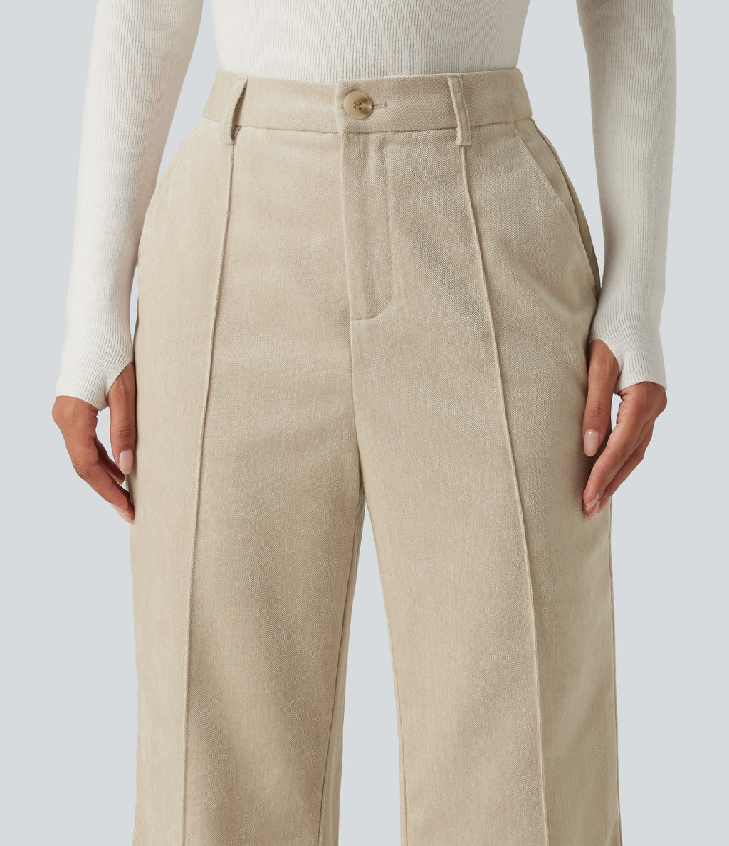 High Waisted Flare Casual Trousers with Pockets — Almond Milk — view 6