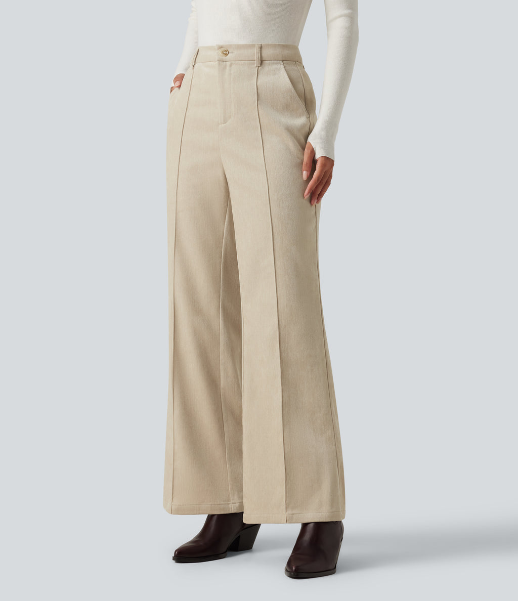 High Waisted Flare Casual Trousers with Pockets — Almond Milk — view 3