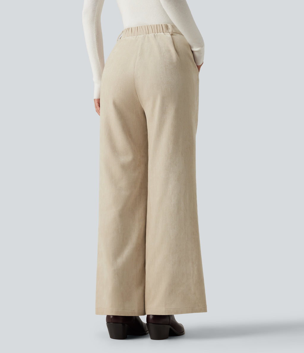 High Waisted Flare Casual Trousers with Pockets — Almond Milk — view 2