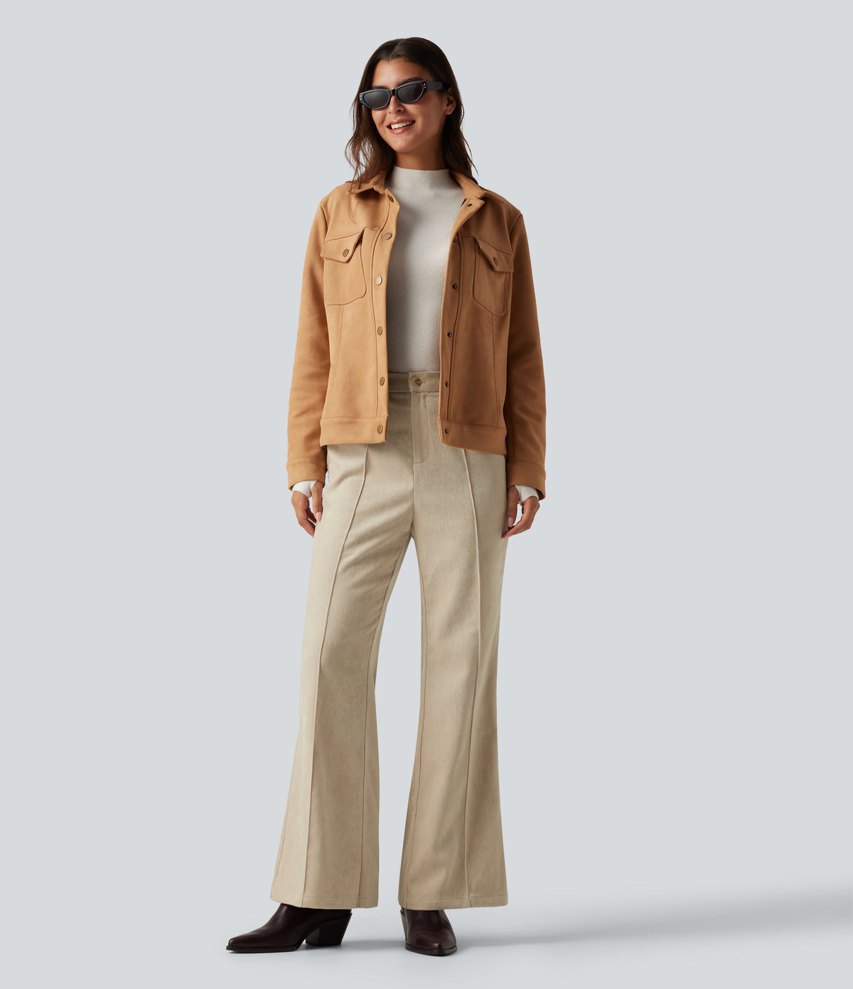High Waisted Flare Casual Trousers with Pockets — Almond Milk — view 7