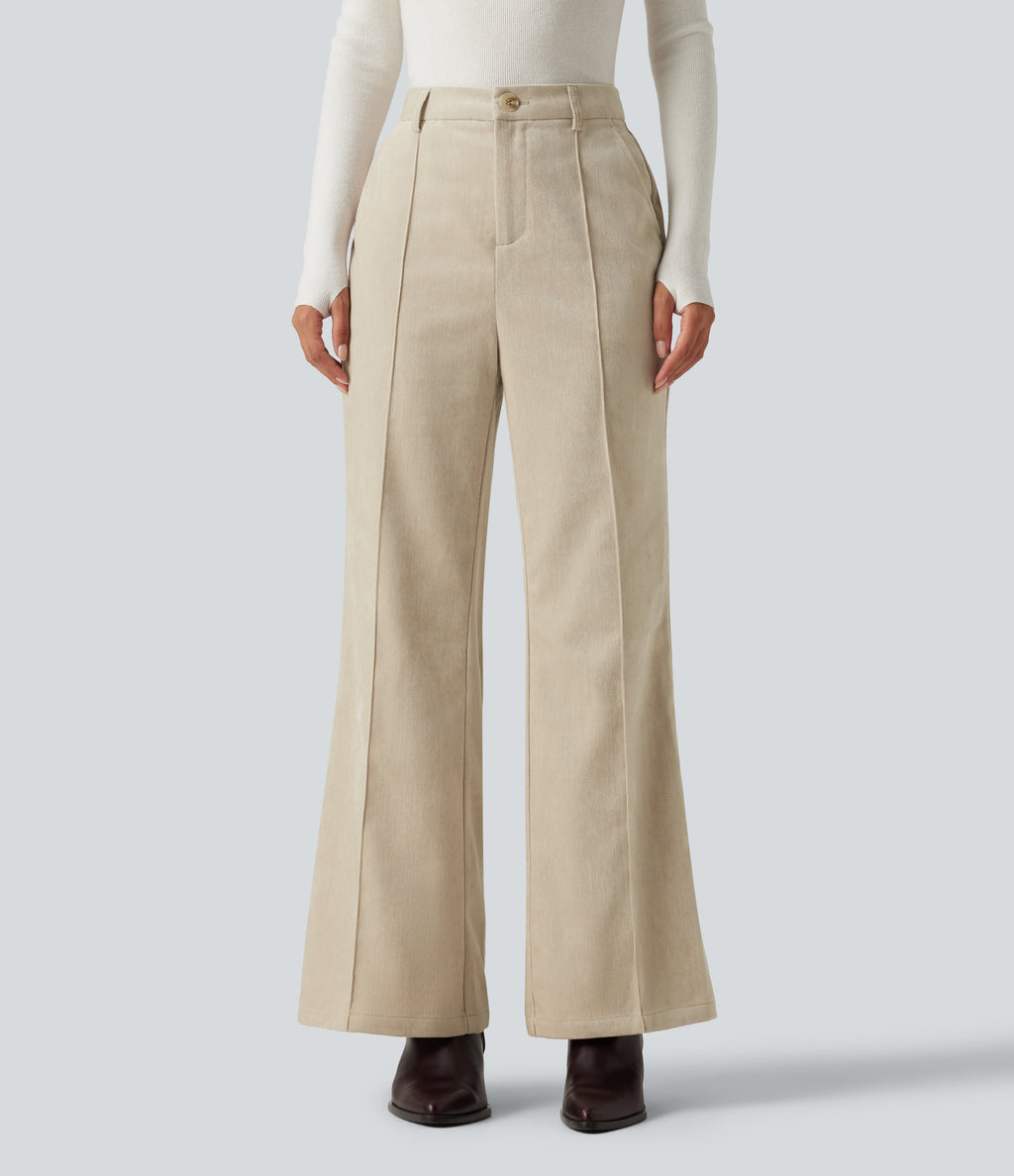 High Waisted Flare Casual Trousers with Pockets — Almond Milk — view 1