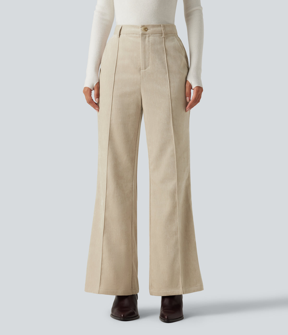 High Waisted Flare Casual Trousers with Pockets — Almond Milk — view 1