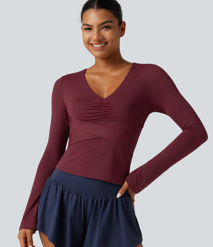 V Neck Long Sleeve Ruched Tie Back InstantCool Yoga Sports Top-UPF50+ — Deep Wine — view 1