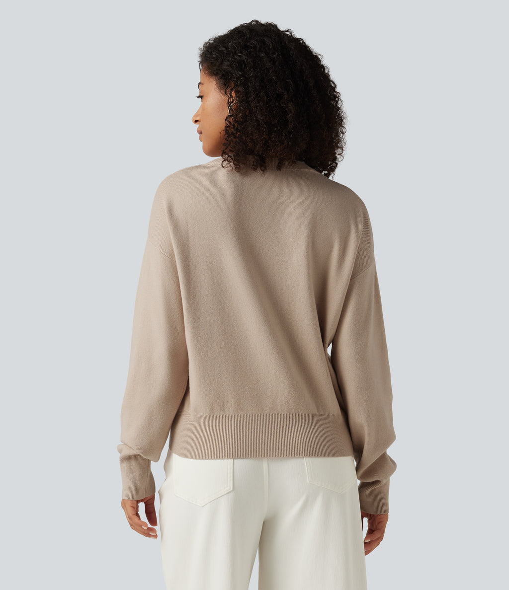 Round Neck Dropped Long Sleeve Color Block Work Jumper — French Oak — view 2