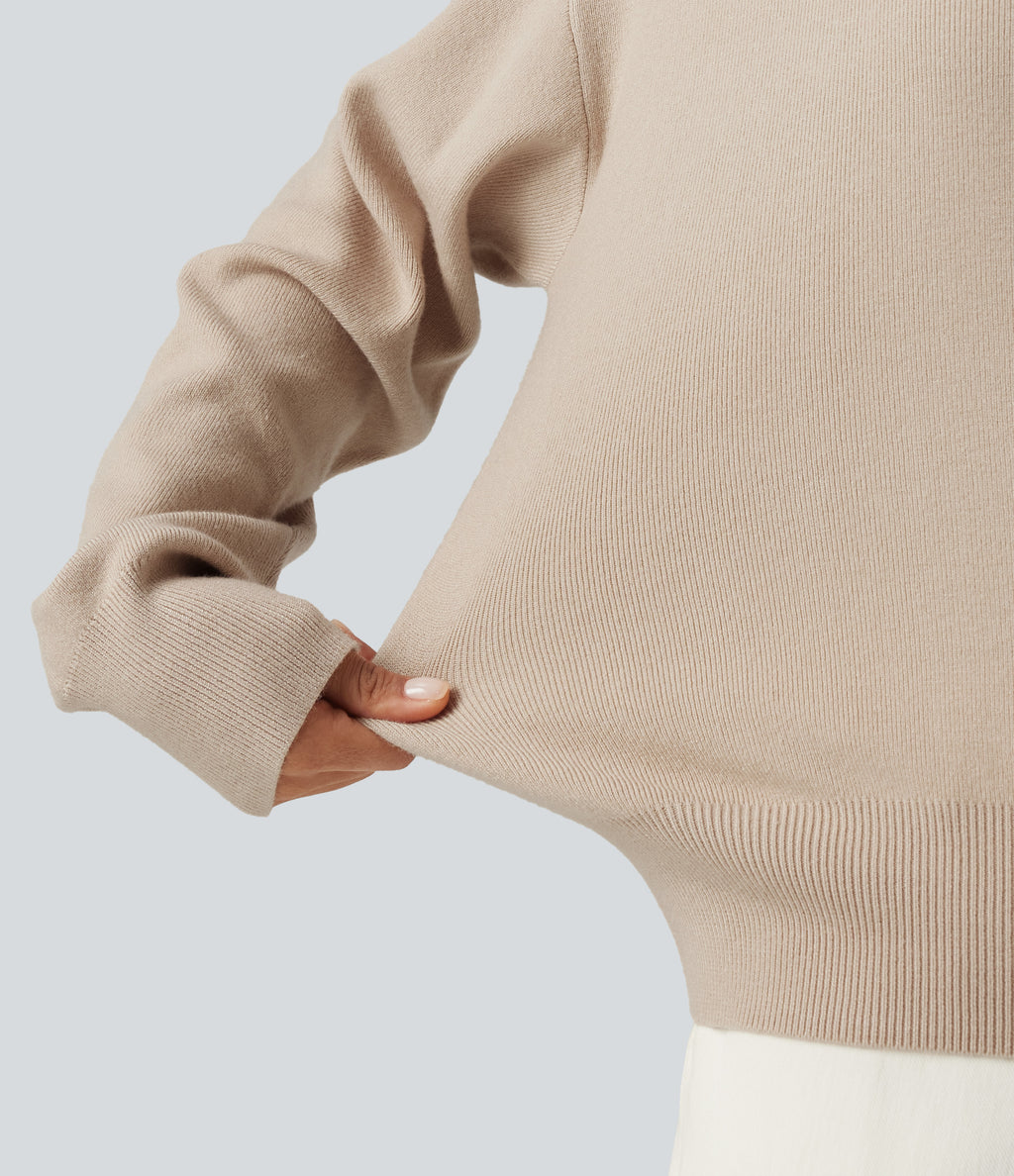 Round Neck Dropped Long Sleeve Color Block Work Jumper — French Oak — view 7