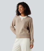 Round Neck Dropped Long Sleeve Color Block Work Jumper — French Oak — view 3