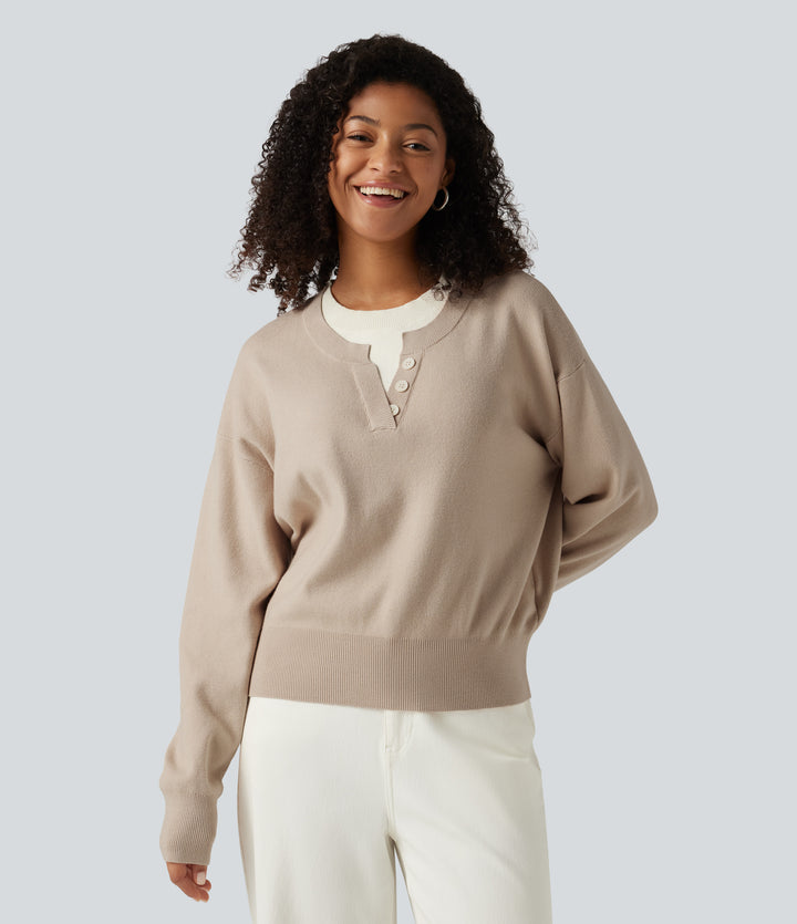 Round Neck Dropped Long Sleeve Color Block Work Jumper — French Oak — view 1