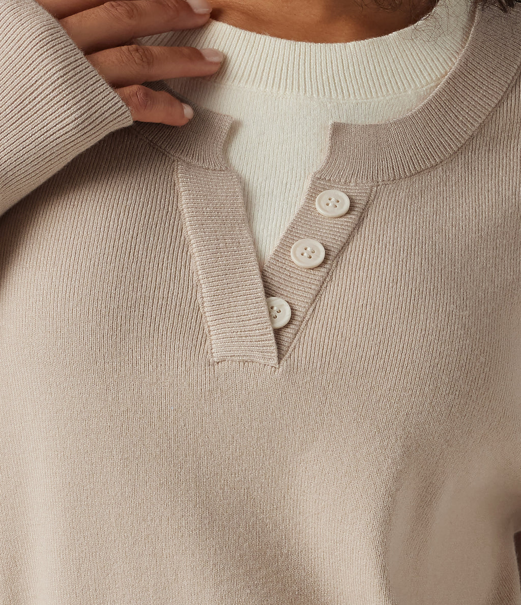 Round Neck Dropped Long Sleeve Color Block Work Jumper — French Oak — view 6