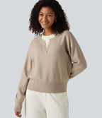 Round Neck Dropped Long Sleeve Color Block Work Jumper — French Oak — view 4