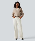 Round Neck Dropped Long Sleeve Color Block Work Jumper — French Oak — view 8