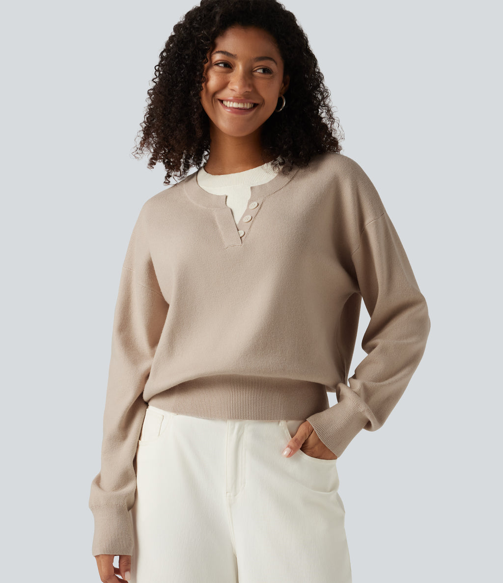 Round Neck Dropped Long Sleeve Color Block Work Jumper — French Oak — view 5