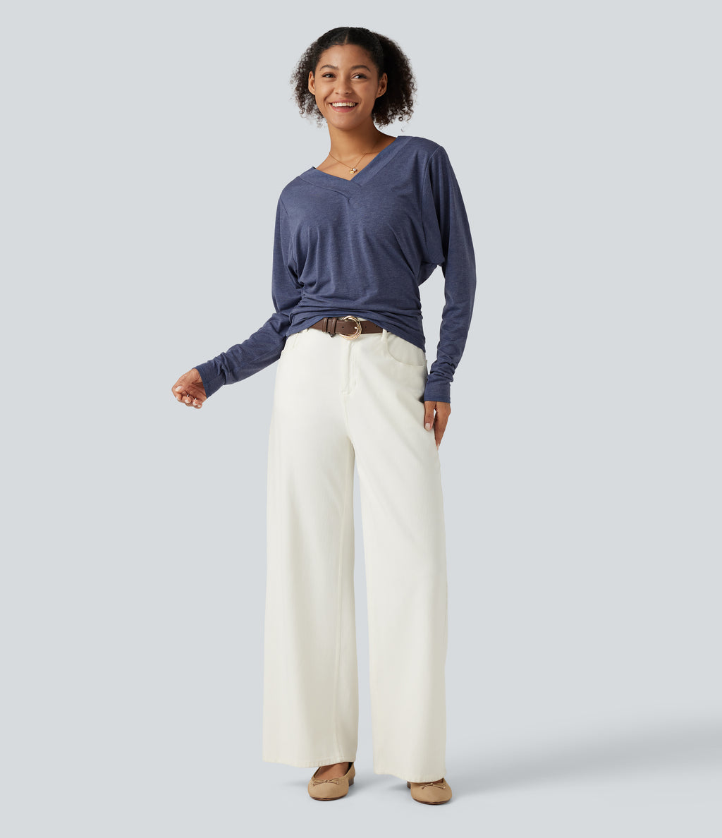 V Neck Batwing Long Sleeve Ruched Casual Top — Mottled Indigo — view 8