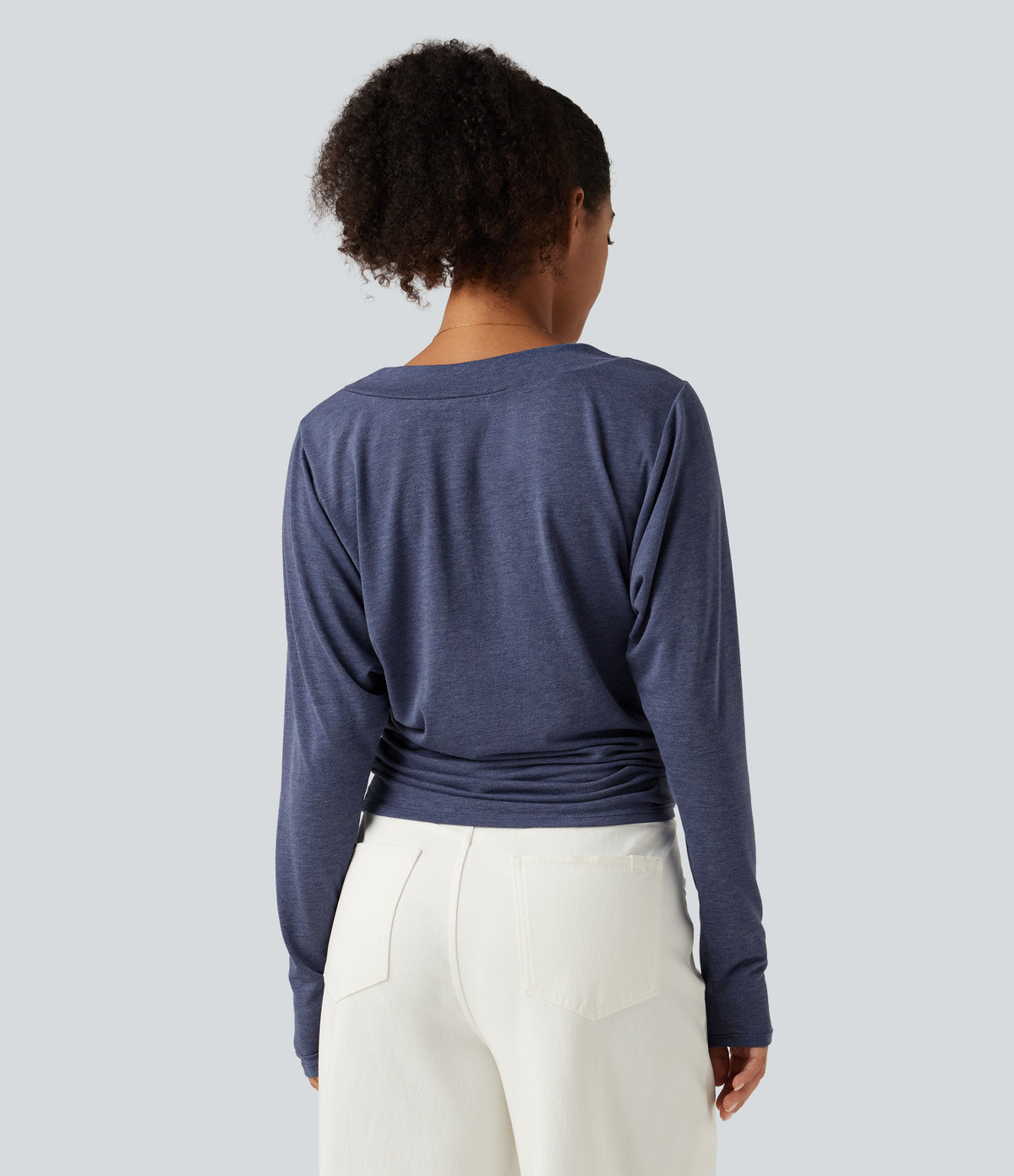 V Neck Batwing Long Sleeve Ruched Casual Top — Mottled Indigo — view 2