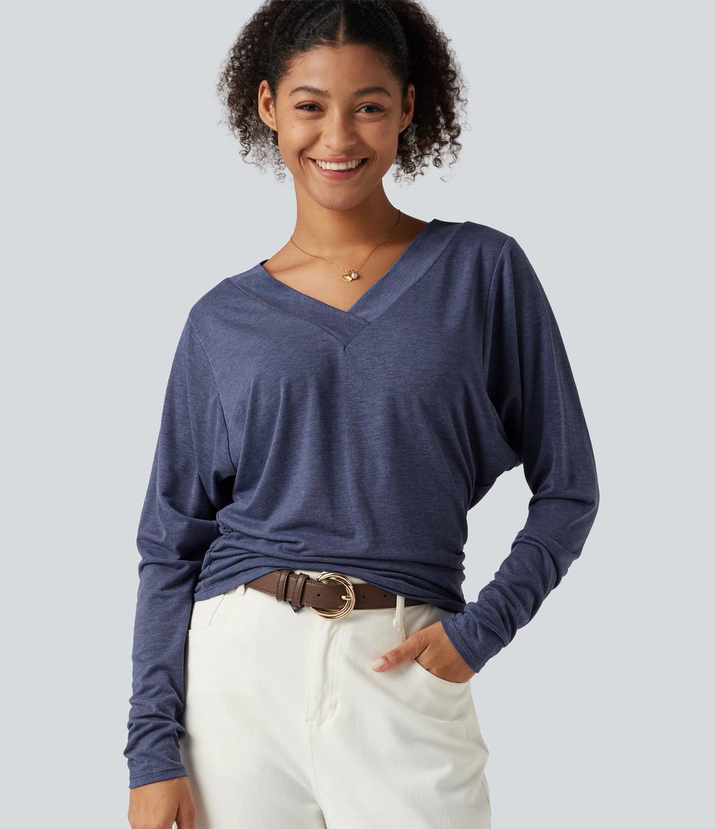 V Neck Batwing Long Sleeve Ruched Casual Top — Mottled Indigo — view 5