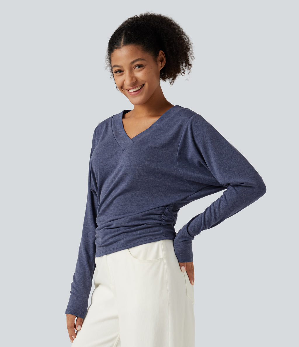 V Neck Batwing Long Sleeve Ruched Casual Top — Mottled Indigo — view 3