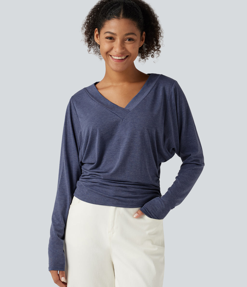 V Neck Batwing Long Sleeve Ruched Casual Top — Mottled Indigo — view 1