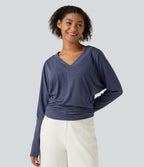 V Neck Batwing Long Sleeve Ruched Casual Top — Mottled Indigo — view 4