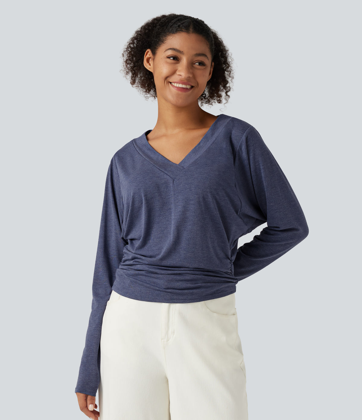 V Neck Batwing Long Sleeve Ruched Casual Top — Mottled Indigo — view 4