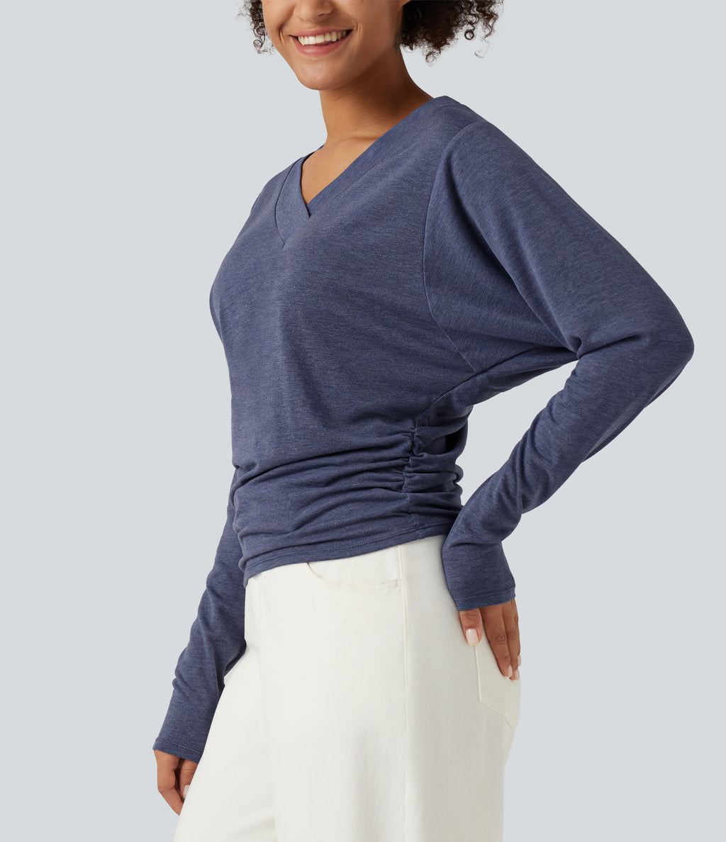 V Neck Batwing Long Sleeve Ruched Casual Top — Mottled Indigo — view 6