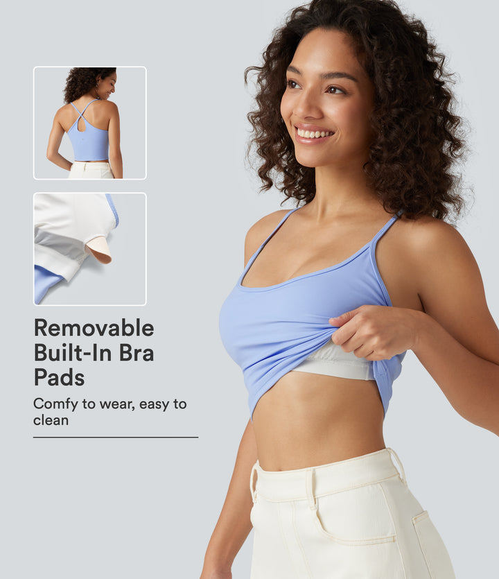 U Neck Crisscross Built-in Bra Cropped Casual Tank Top — Fresh Blue — view 1