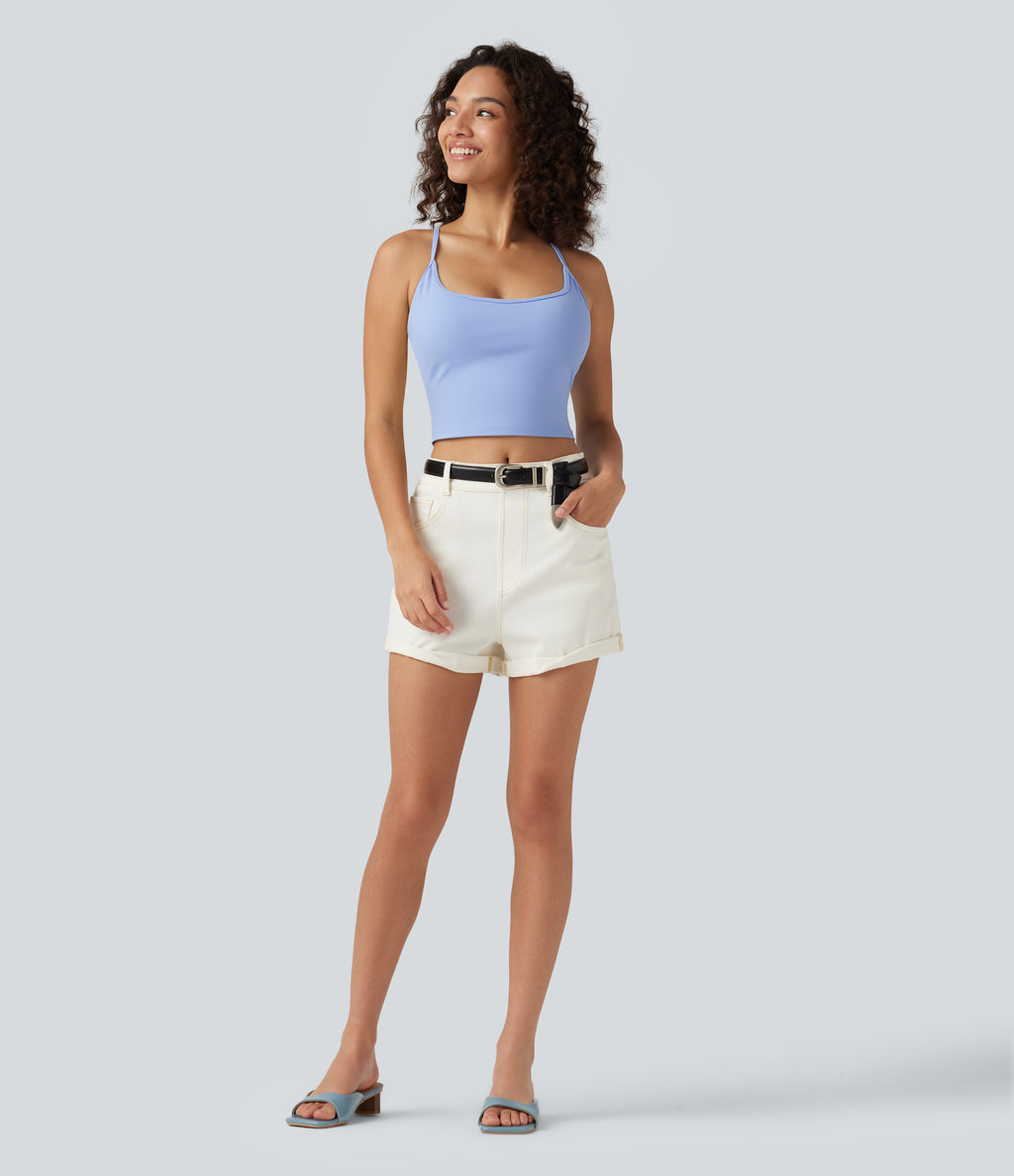 U Neck Crisscross Built-in Bra Cropped Casual Tank Top — Fresh Blue — view 8
