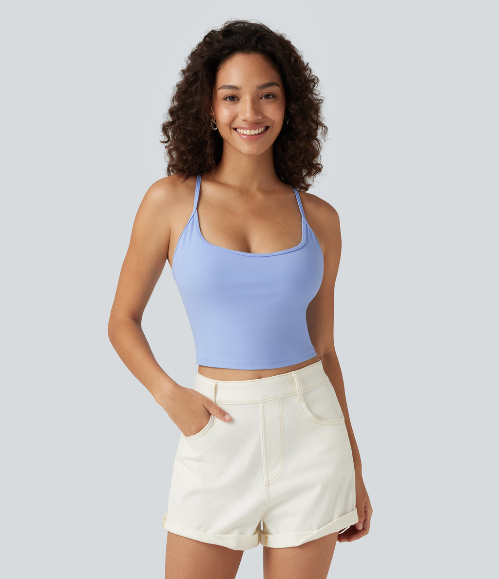 U Neck Crisscross Built-in Bra Cropped Casual Tank Top — Fresh Blue — view 5