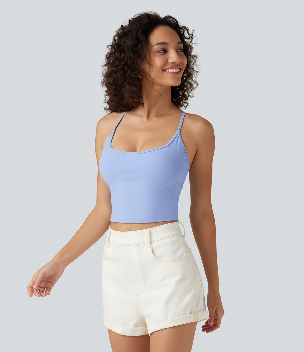 U Neck Crisscross Built-in Bra Cropped Casual Tank Top — Fresh Blue — view 3