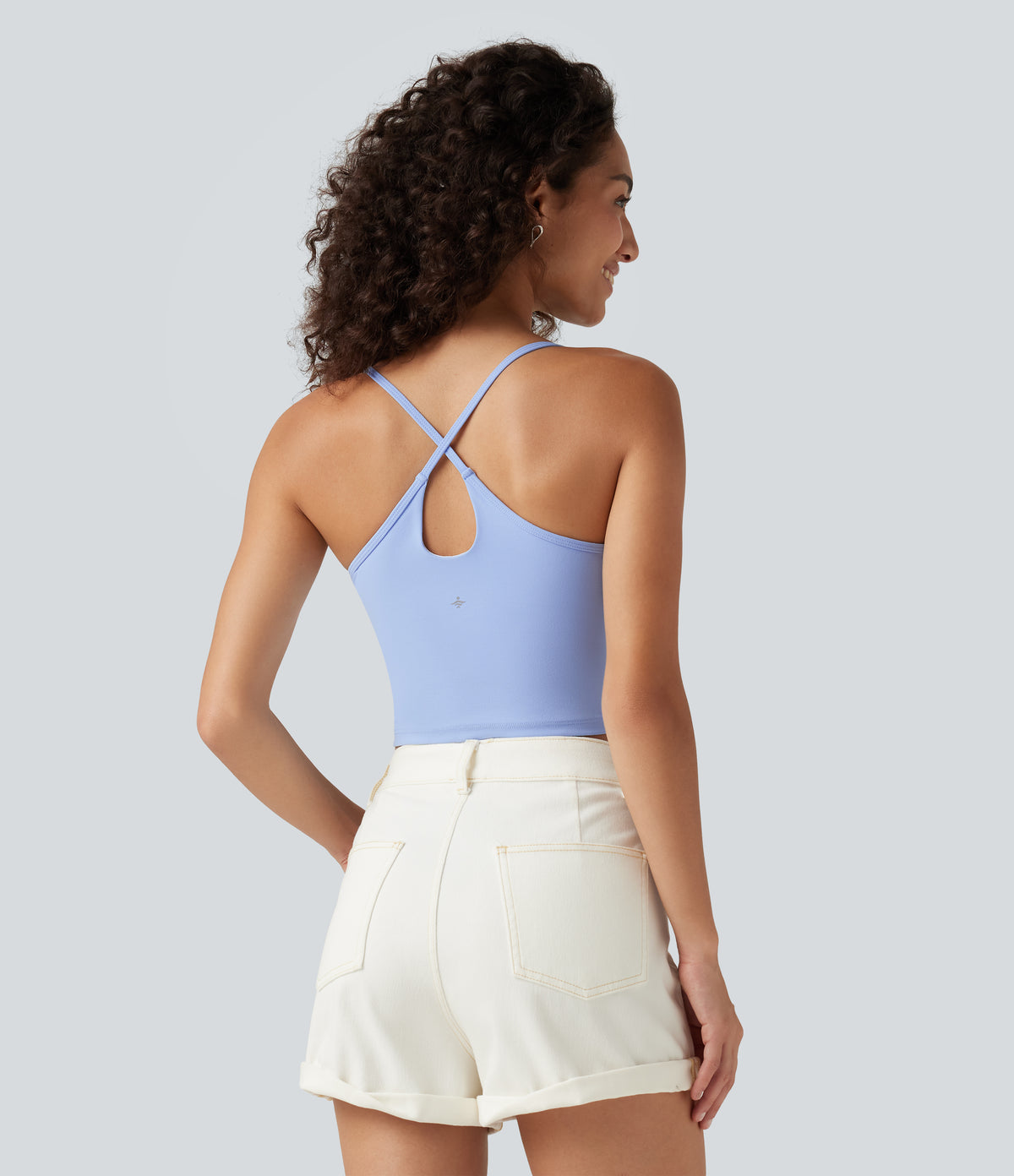 U Neck Crisscross Built-in Bra Cropped Casual Tank Top — Fresh Blue — view 4