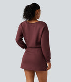 SpacerTek Boat Neck Long Sleeve Mini Casual Sweatshirt Dress — Oxblood Red — view 2