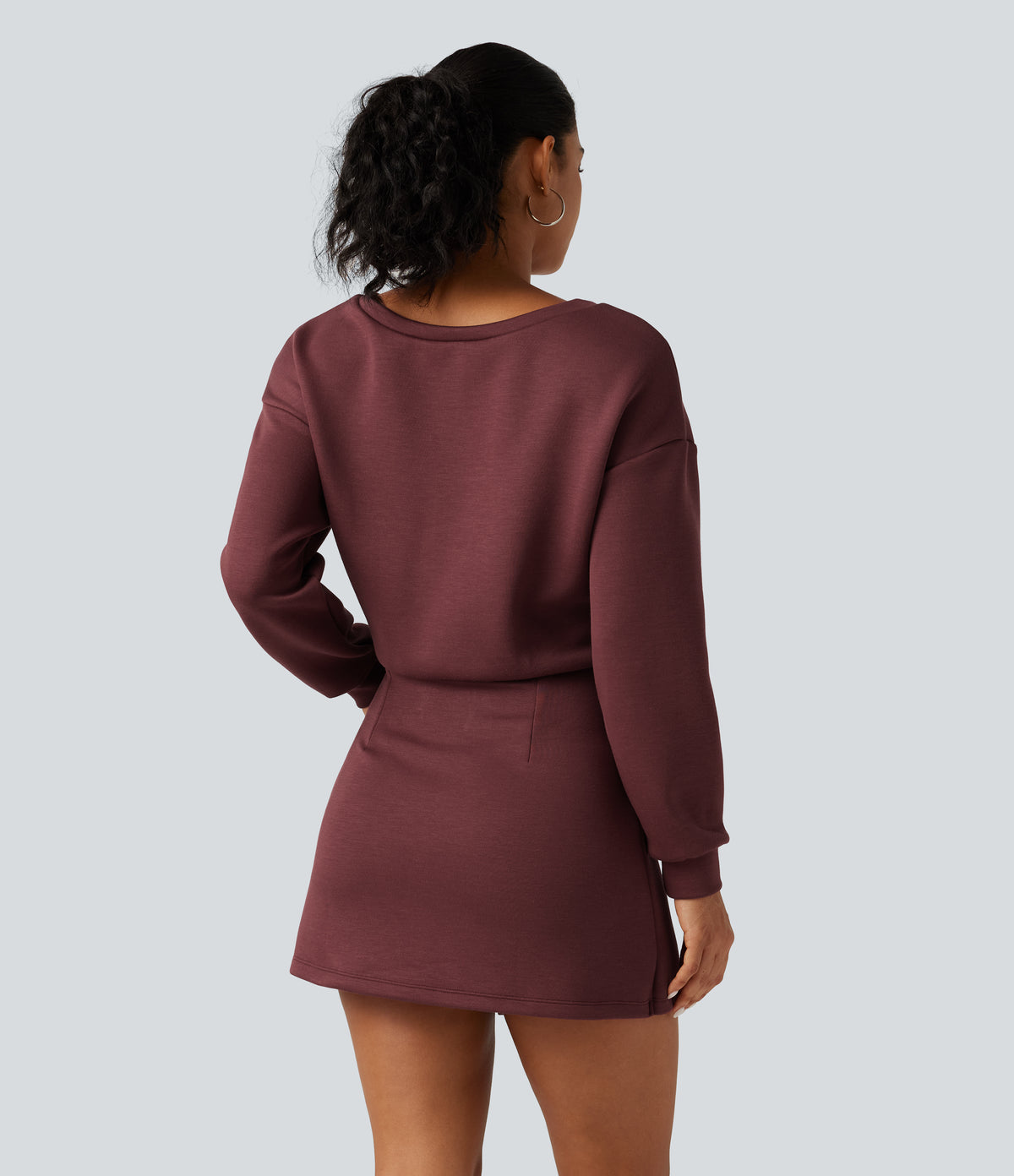 SpacerTek Boat Neck Long Sleeve Mini Casual Sweatshirt Dress — Oxblood Red — view 2