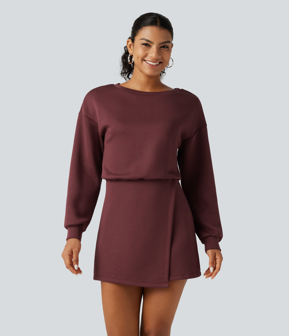 SpacerTek Boat Neck Long Sleeve Mini Casual Sweatshirt Dress — Oxblood Red — view 1