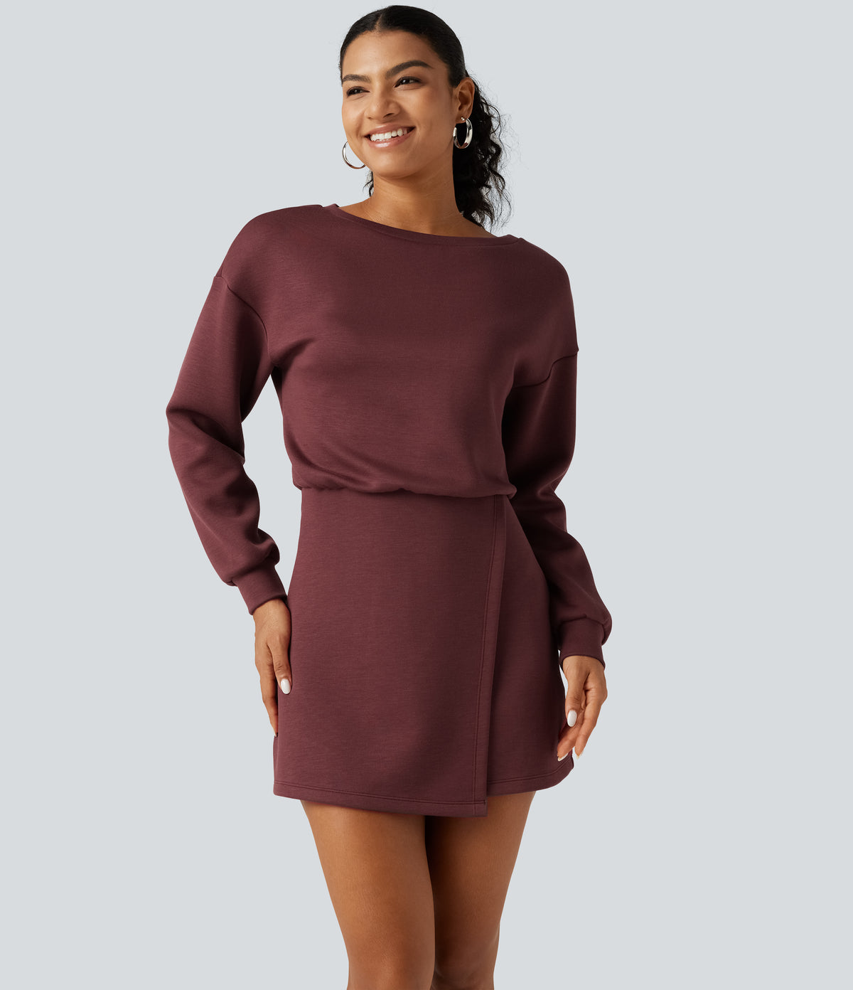 SpacerTek Boat Neck Long Sleeve Mini Casual Sweatshirt Dress — Oxblood Red — view 4
