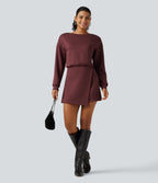 SpacerTek Boat Neck Long Sleeve Mini Casual Sweatshirt Dress — Oxblood Red — view 6
