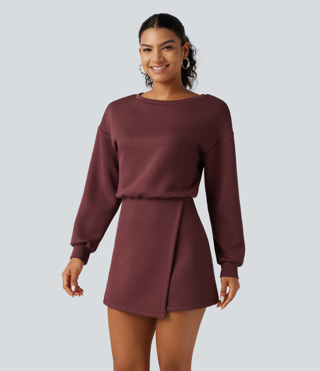 SpacerTek Boat Neck Long Sleeve Mini Casual Sweatshirt Dress — Oxblood Red — view 3