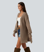 V Neck Open Front Long Sleeve Longline Casual Cardigan — Malt Ball — view 3