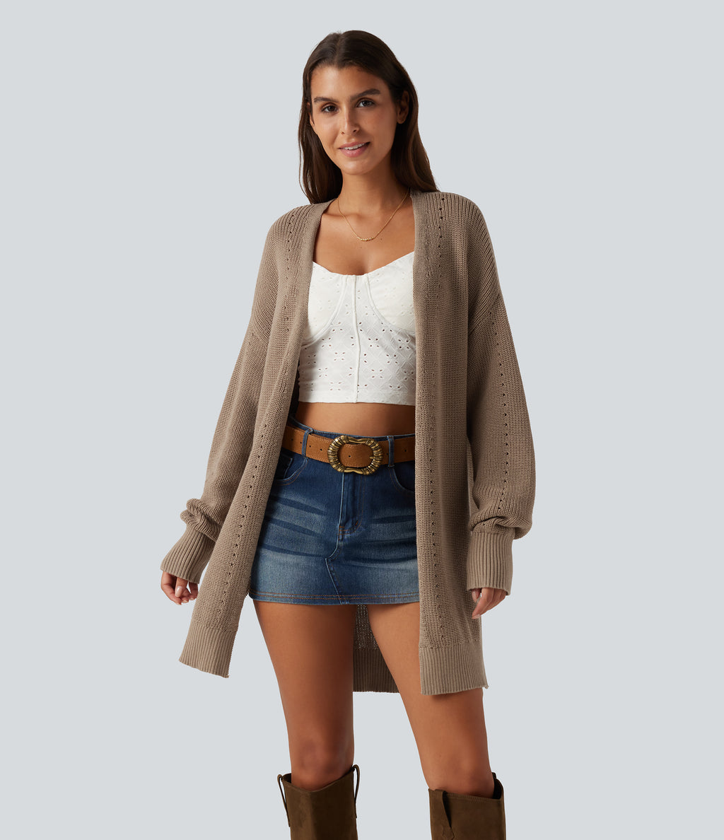 V Neck Open Front Long Sleeve Longline Casual Cardigan — Malt Ball — view 1