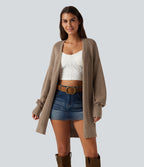 V Neck Open Front Long Sleeve Longline Casual Cardigan — Malt Ball — view 1