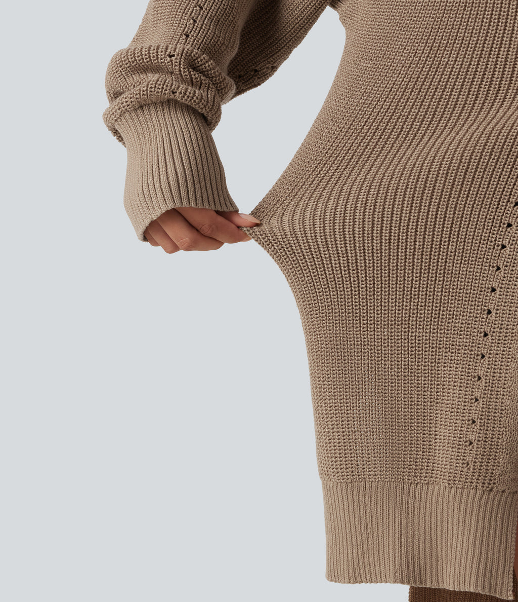 V Neck Open Front Long Sleeve Longline Casual Cardigan — Malt Ball — view 6