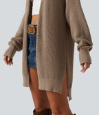 V Neck Open Front Long Sleeve Longline Casual Cardigan — Malt Ball — view 5