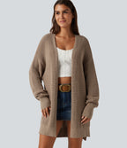 V Neck Open Front Long Sleeve Longline Casual Cardigan — Malt Ball — view 4