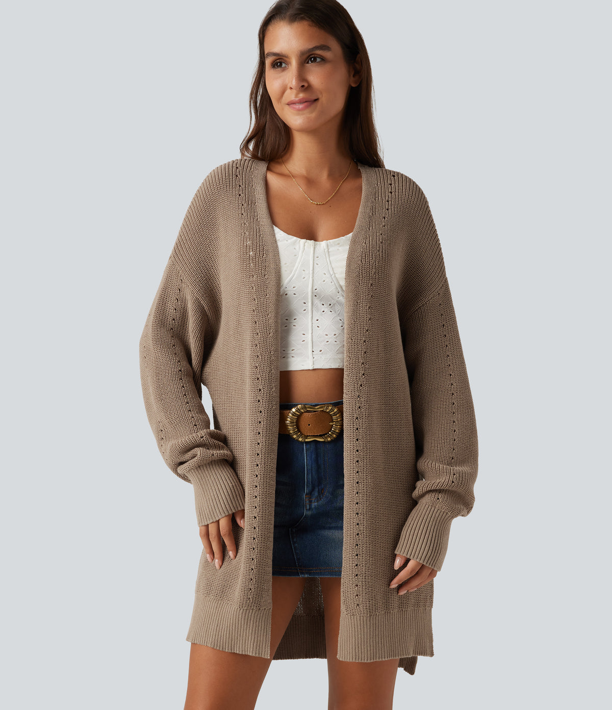 V Neck Open Front Long Sleeve Longline Casual Cardigan — Malt Ball — view 4