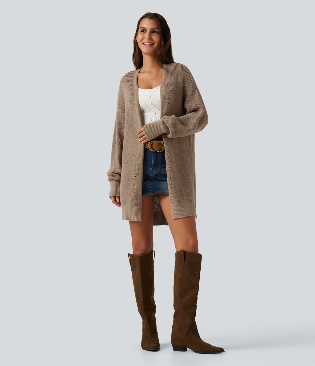 V Neck Open Front Long Sleeve Longline Casual Cardigan — Malt Ball — view 7