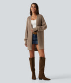 V Neck Open Front Long Sleeve Longline Casual Cardigan — Malt Ball — view 7