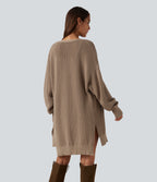 V Neck Open Front Long Sleeve Longline Casual Cardigan — Malt Ball — view 2