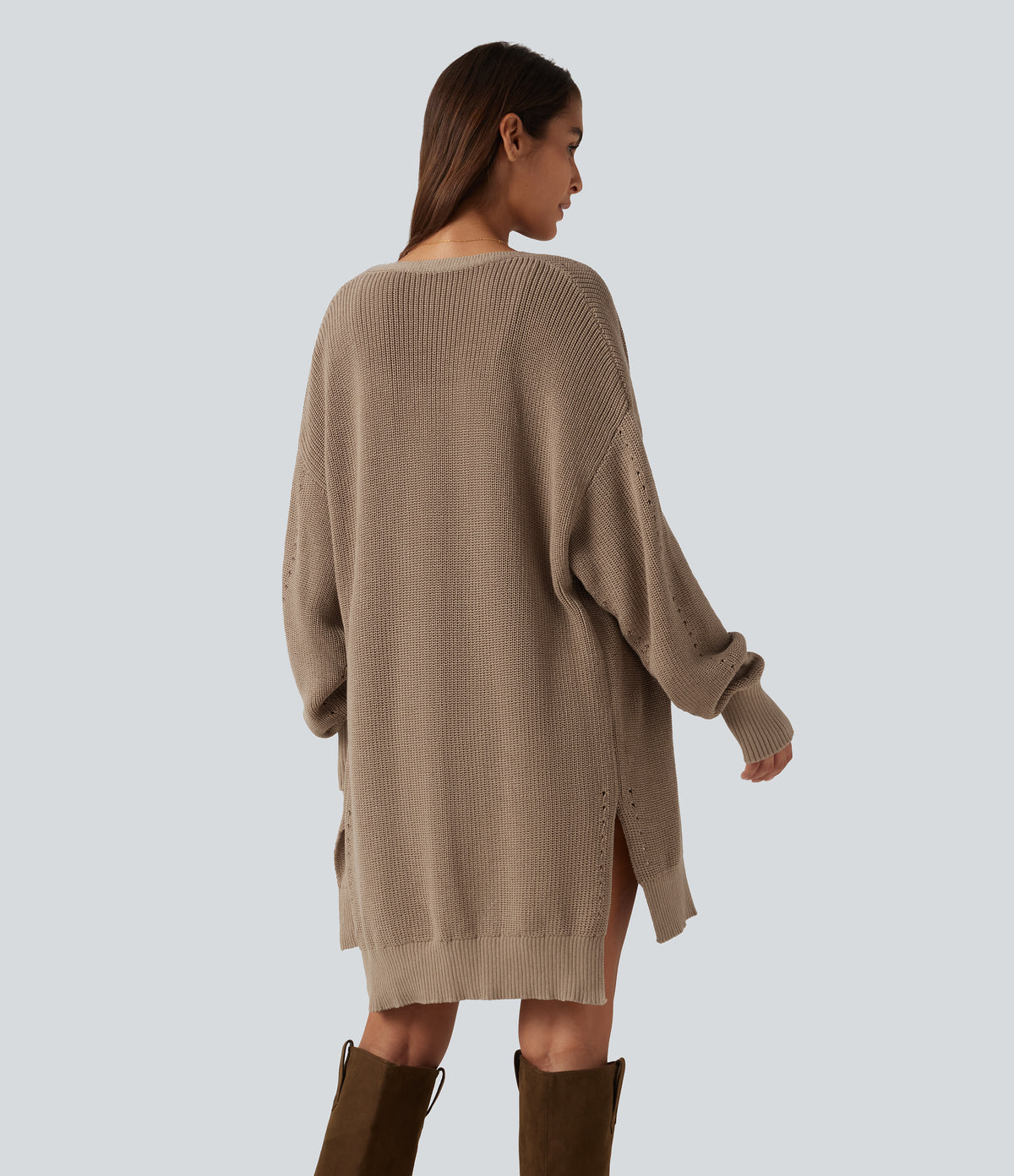 V Neck Open Front Long Sleeve Longline Casual Cardigan — Malt Ball — view 2