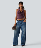 Halter Cowl Neck Stripe Casual Tank Top — Plum Stripe — view 6