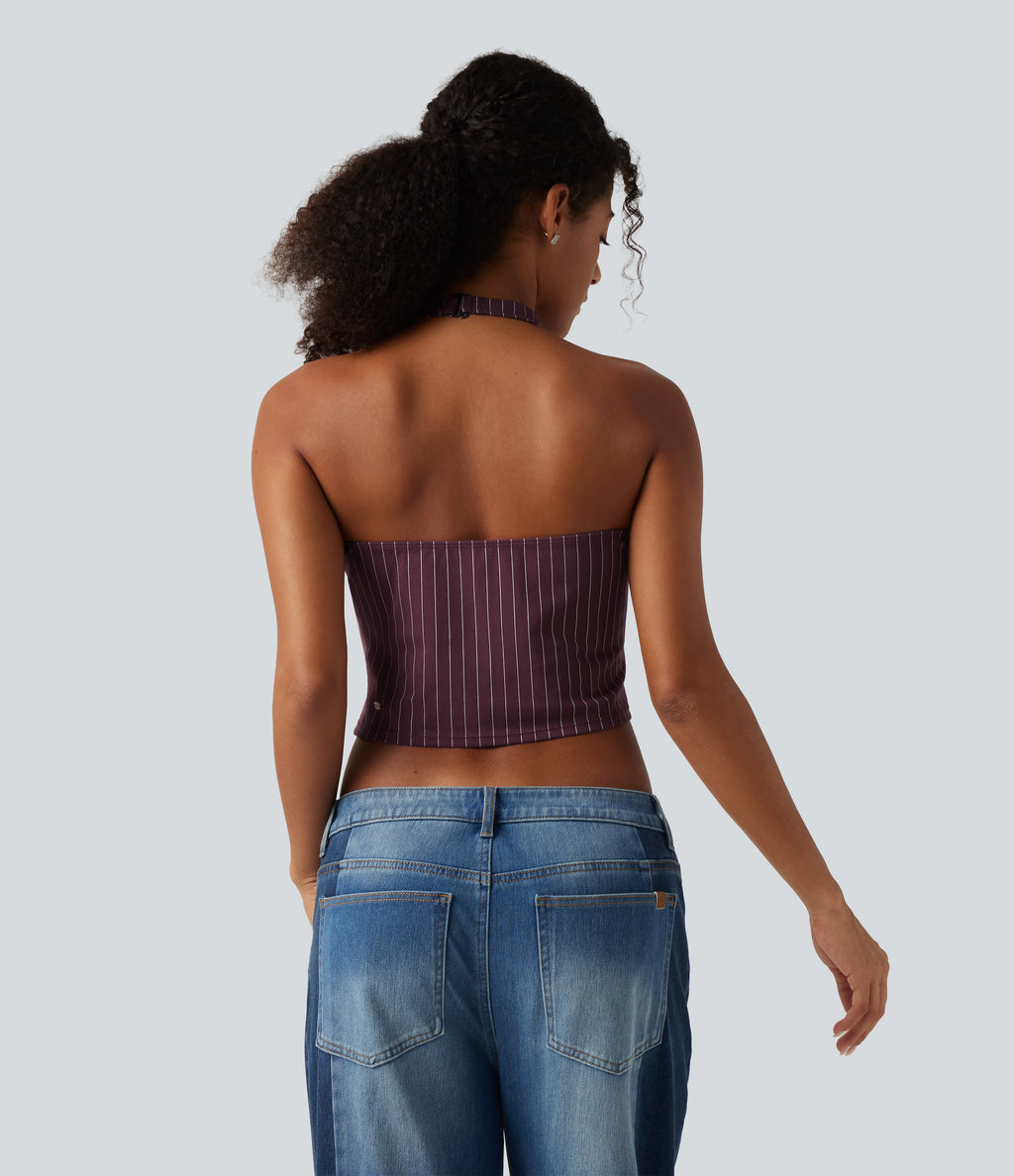 Halter Cowl Neck Stripe Casual Tank Top — Plum Stripe — view 2