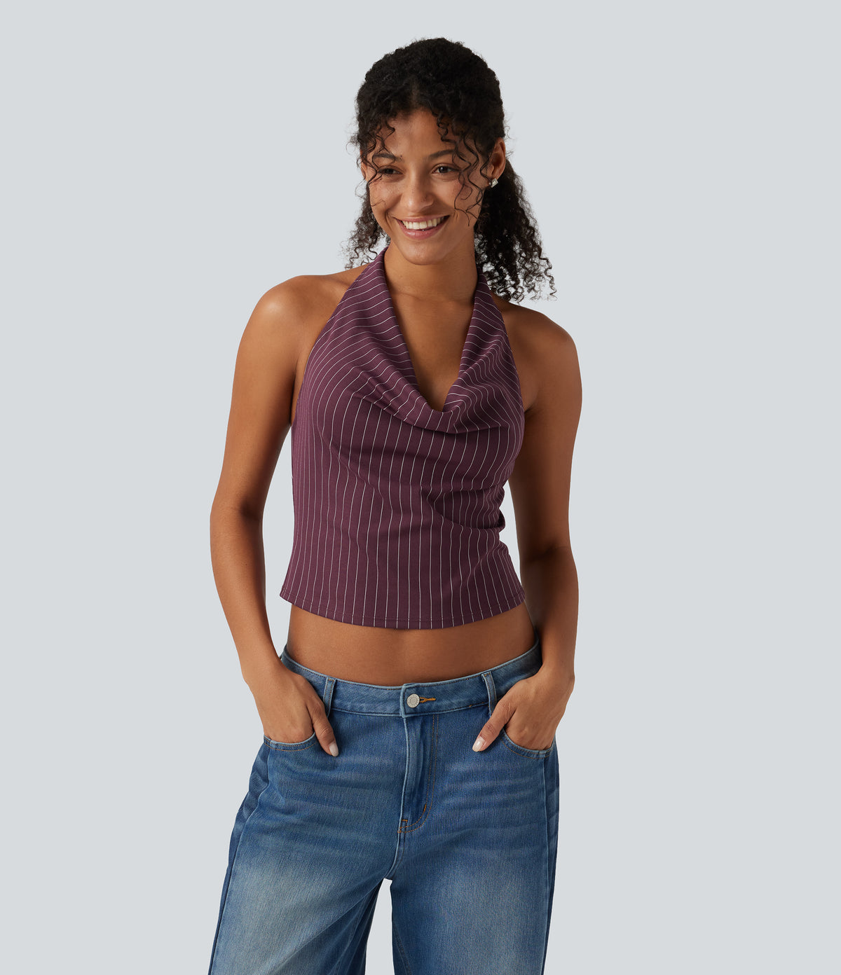 Halter Cowl Neck Stripe Casual Tank Top — Plum Stripe — view 3